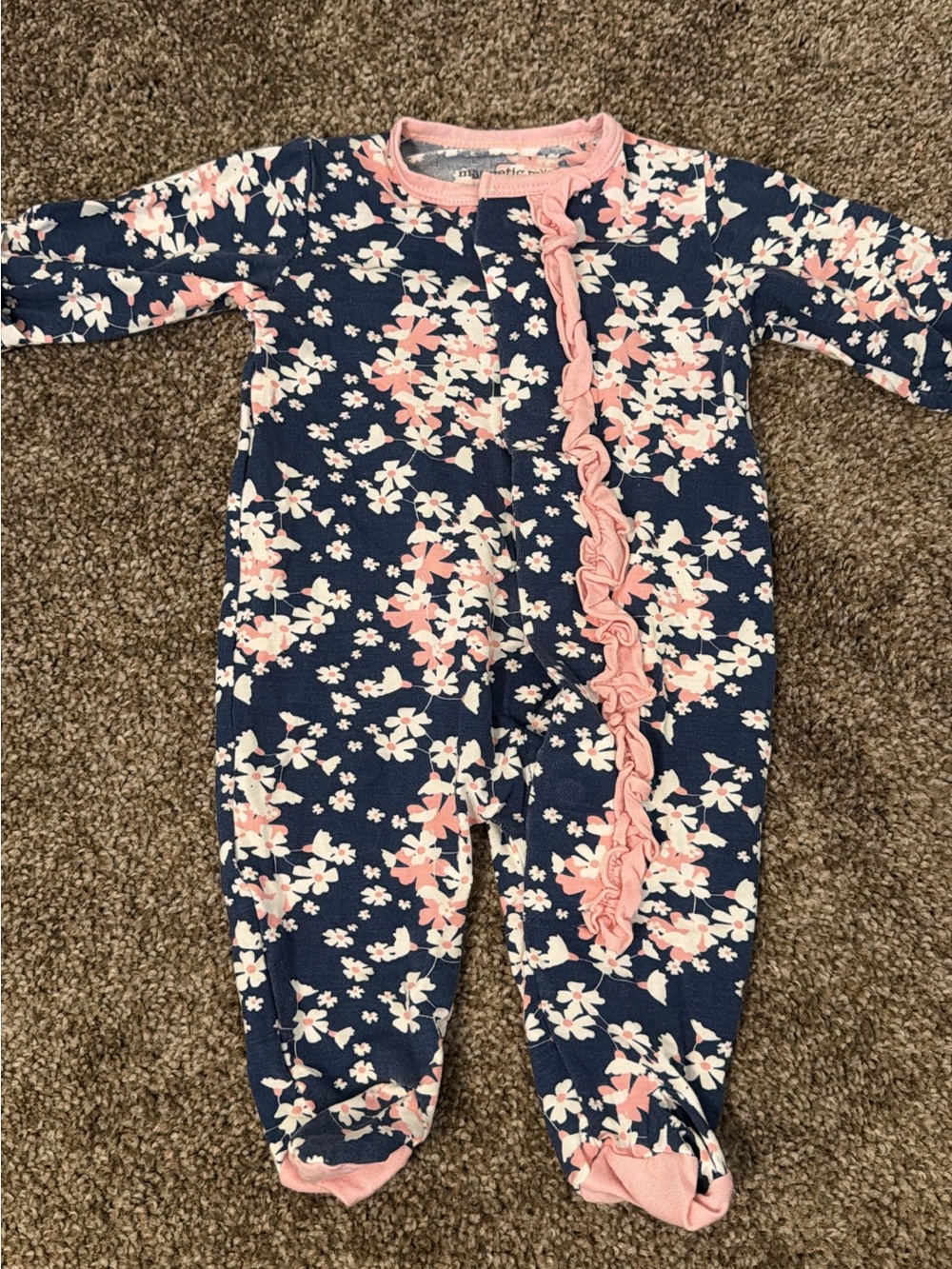 Magnetic Me Navy & Pink Floral Footed One-Piece Pajamas